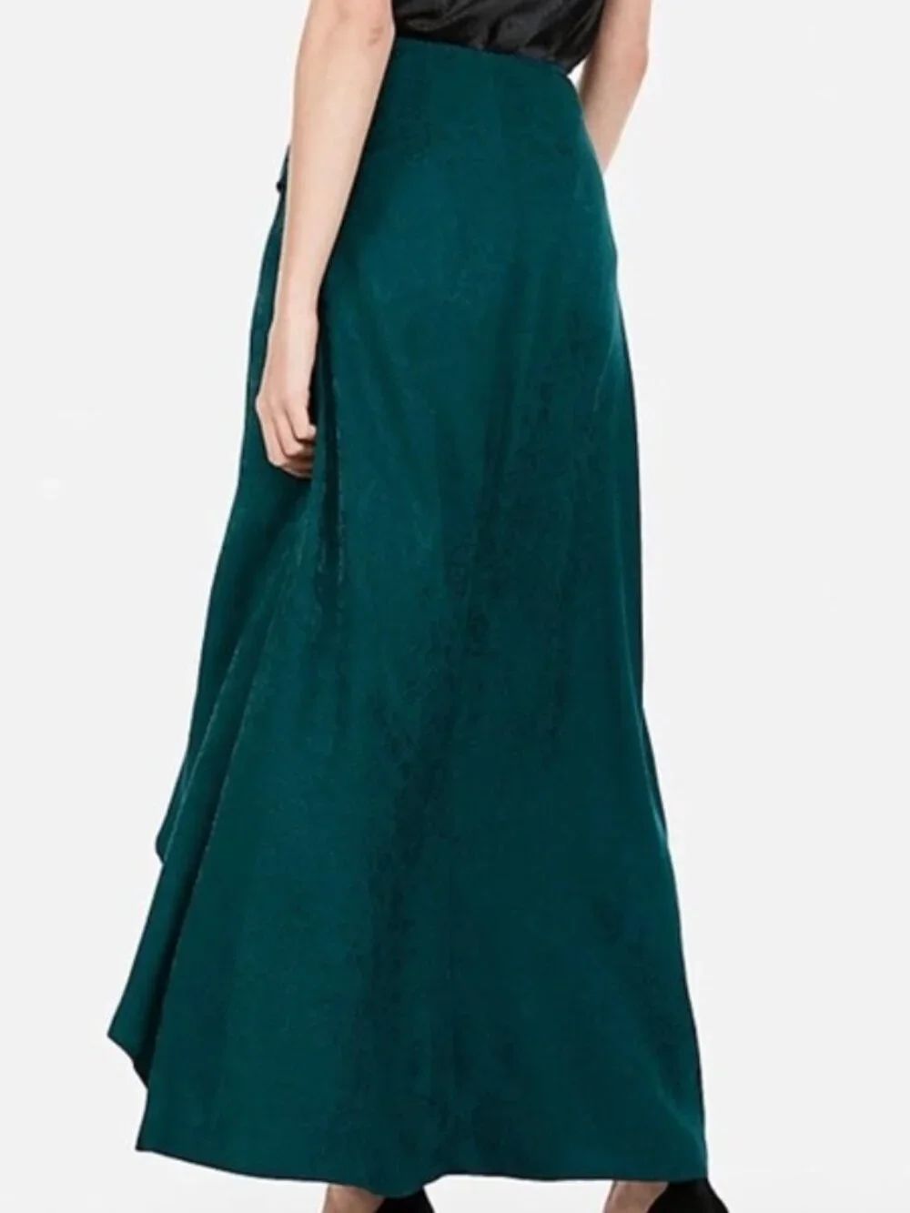 Express Green Satin Jacquard Ruffled Tie Waist High-Low Maxi Skirt Size 8
